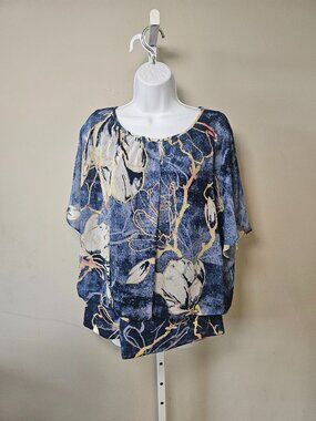 Style & Co. Blouse Blue Floral Boho Festival Casual Summer L